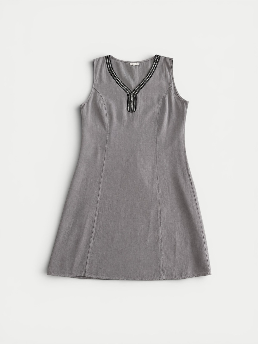 Lina Tomei Embellished Linen Blend Shift Dress – Taupe Gray –Size Small